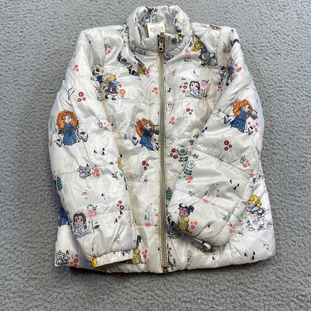 Disney Puffer Jacket Girls 5/6 White Animators Disney Princess Print Zip Up